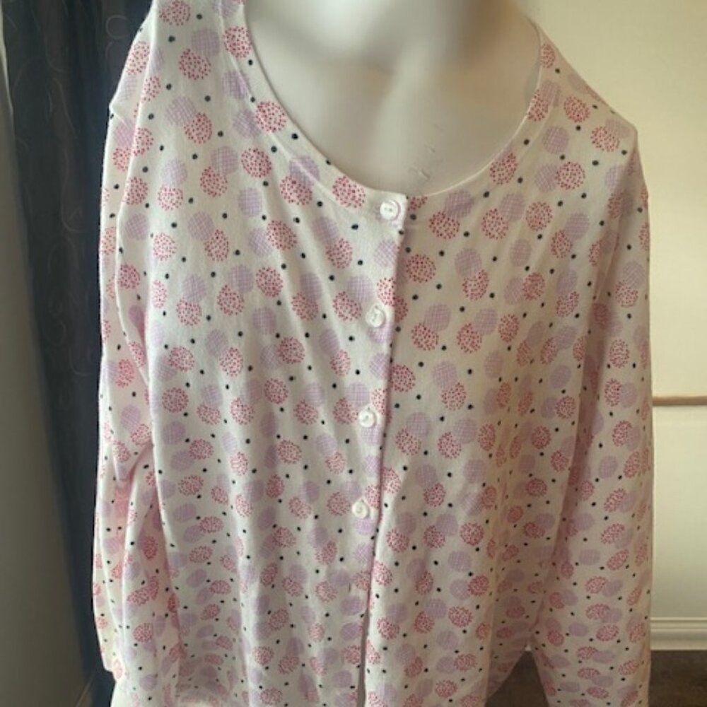 Talbots White/Pink/Purple/Black Polka dot button front cardigan, size 2X